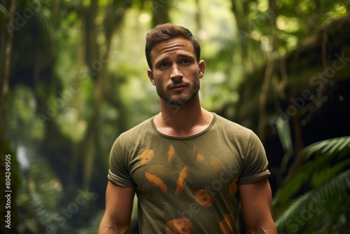 Portrait of a blissful man in his 30s donning a trendy cropped top in front of lush tropical rainforest