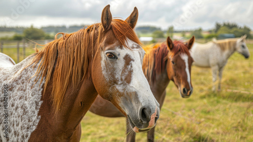 A group of horses  including chestnut and white  grazing peacefully in a lush green pasture with cloudy skies.