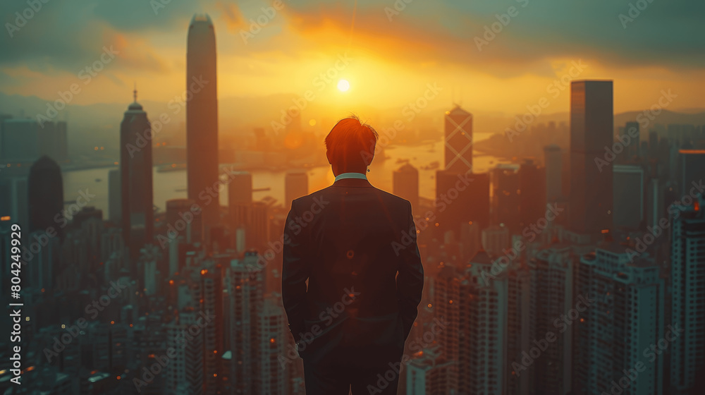 Elegant Chinese Businessman Contemplating Cityscape from Skyscraper