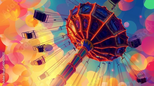 A colorful carnival ride with many swings and lights