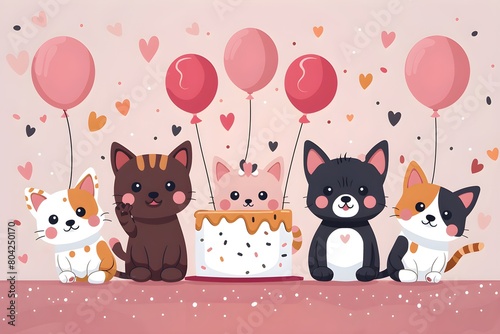 Fondo de pantalla de feliz cumpleaños con lindos gatos. Feliz cumple. Felicidades en tu cumpleaños.