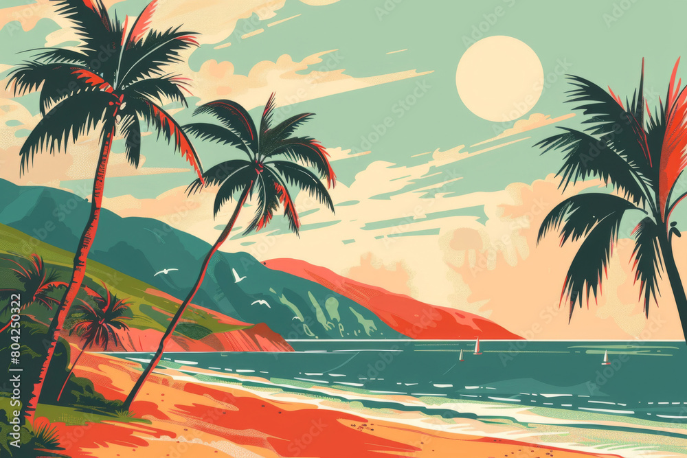 Vintage retro poster of idyllic vintage tropical beach landscape with palm trees, colorful mountains, serene ocean, and a beautiful sunrise, perfect for wall decor and travel nostalgia