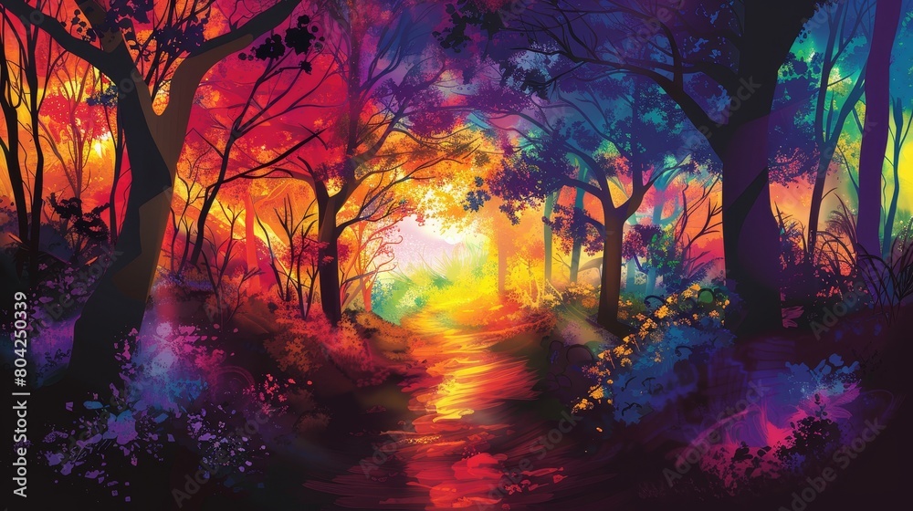 Obraz premium A colorful forest with a rainbow path
