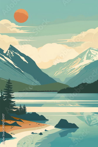 Vintage nature landscape poster with retro mountain scenery. Tranquil sunset. And serene pine trees by the lake. Capturing the nostalgic and peaceful wilderness. Perfect for wall art and travel decor