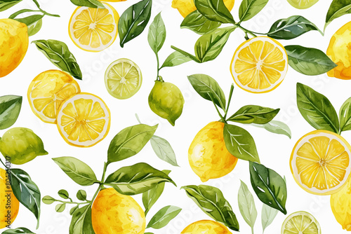Lemon fruits tropical summer seamless pattern vector with hand drawn watercolor style illustration