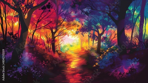 A colorful forest with a rainbow path