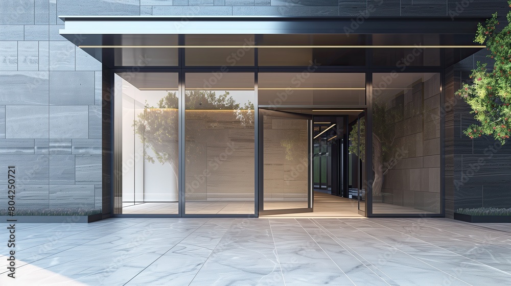 A sleek home entrance with a smart glass door that transitions from clear to opaque A sleek home entrance with a smart glass door that transitions from clear to opaque
