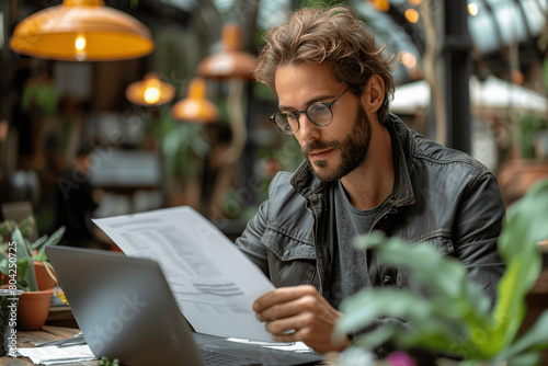 Concentrated Young Male Professional Analyzing Documents and Working on Laptop in Office Setting