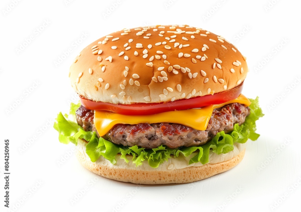 Juicy Cheeseburger with Lettuce and Tomato on White Background Juicy Cheeseburger with Lettuce and Tomato on White Background