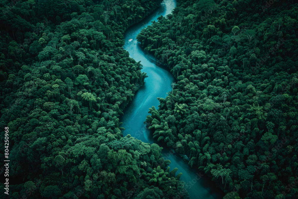 Aerial view of a blue river passing through dense rainforest Aerial view of a blue river passing through dense rainforest