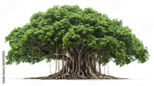 An isolated banyan tree with a complex and extensive root system on a plain white background.