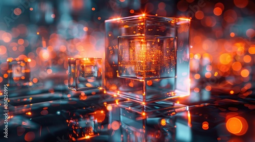abstract transparent 3D cube background and glowing with modern colors, looks like a sophisticated quantum world #804250995