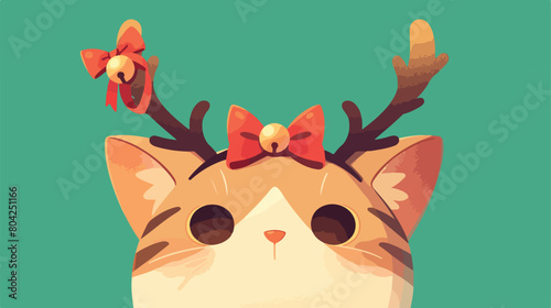 Cute cat with reindeer horns on green background 2d