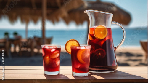 Jug and glasses full of easy traditional red sangria on the table