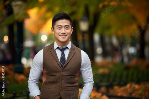 Portrait of a satisfied asian man in his 30s dressed in a polished vest on vibrant city park