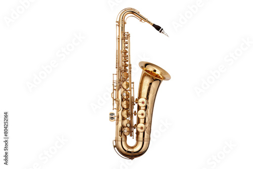 Melodic Elegance  A Gold Saxophone. On a White or Clear Surface PNG Transparent Background.