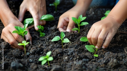 Hands Planting Seeds In Fertile Soil With Young Plants