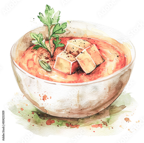 Watercolor bowl of soup with tofu illustration photo