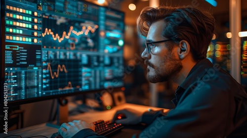 Confident and focused male trader analyzing financial data on multiple computer screens while working late at night in his home office.