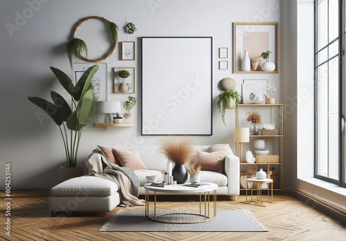 Heller Wohnraum mit Sofa, Dekoration und leerem Bilderrahmen an der Wand, copy space, mock-up photo