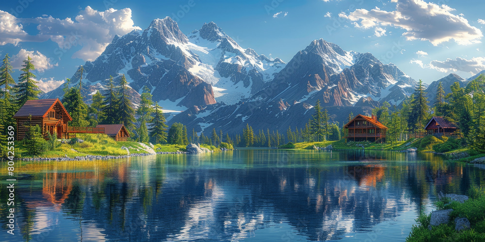 a wooden house beside serene lake with mountain background. Wood cabin on the lake , lake in the mountains, natural landscapes. Nature background a wooden house beside serene lake with mountain background. Wood cabin on the lake , lake in the mountains, natural landscapes. Nature background