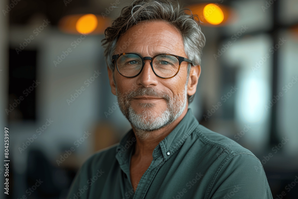 Happy Middle-Aged Businessman Smiling in Office Setting Happy Middle-Aged Businessman Smiling in Office Setting