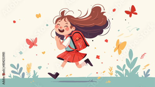 Cute little girl throwing backpack on white backgro