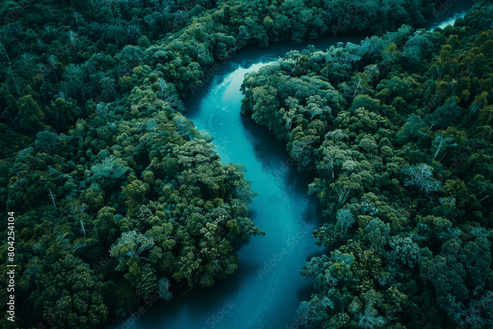 Aerial view of a blue river passing through dense rainforest Aerial view of a blue river passing through dense rainforest
