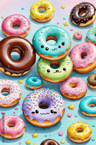 Breakfast time. Watercolor composition of cute glazed donut with kawaii faces.