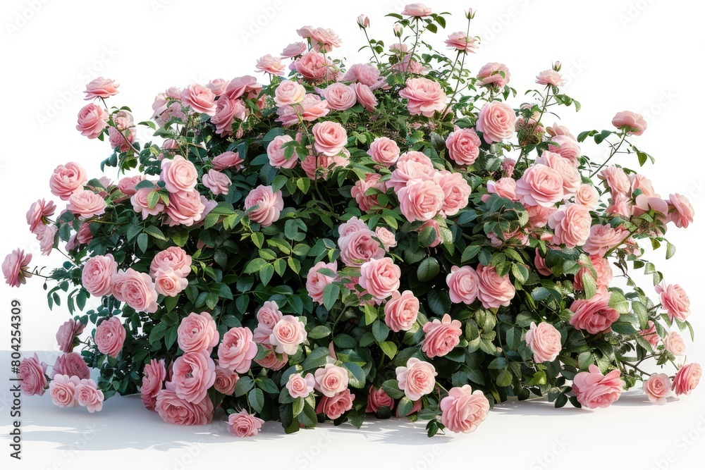 White backdrop with an isolated picture of a pink rose bush shrub tree. Generative Ai