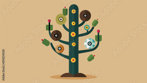 A spiky cactus tree featuring vinyl records of desert rock Americana and country music genres. Vector illustration