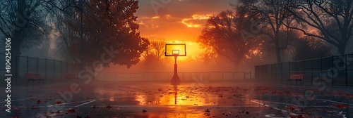 A basketball court at sunrise, with the hoop and backboard silhouetted. photo