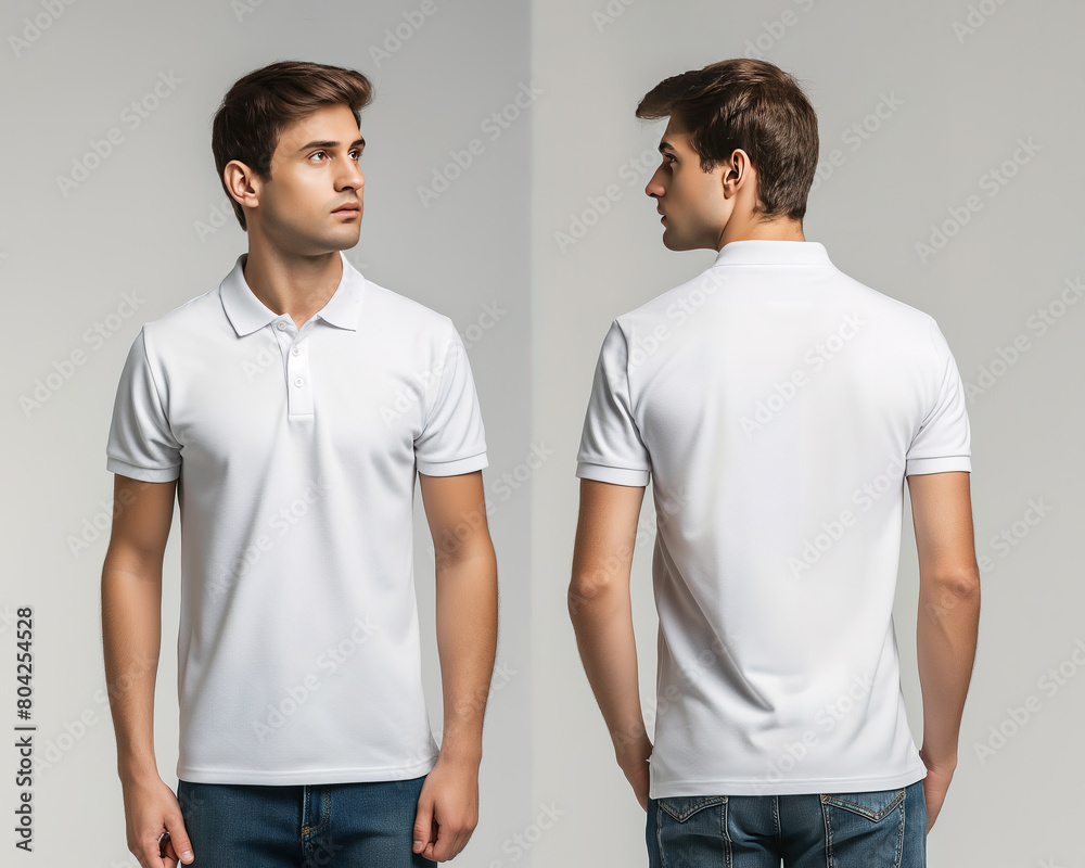 Front and back views of a man wearing a white polo shirt mockup template