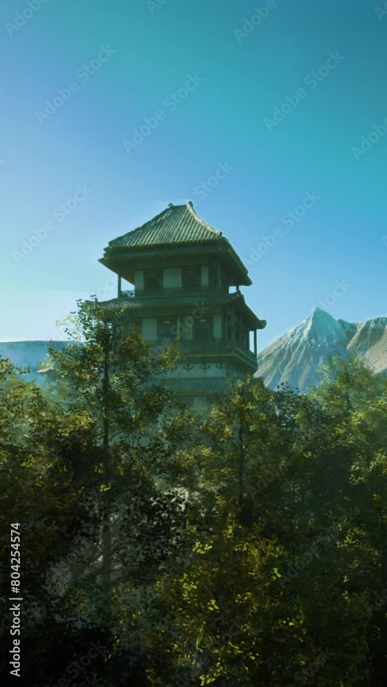 A serene Japanese temple nestled in the heart of a lush forest with majestic mountains in the backdrop A serene Japanese temple nestled in the heart of a lush forest with majestic mountains in the backdrop