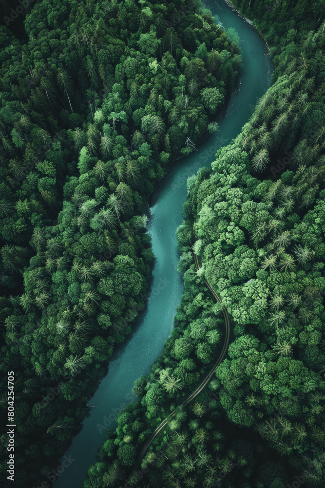 Aerial view of a blue river passing through dense rainforest