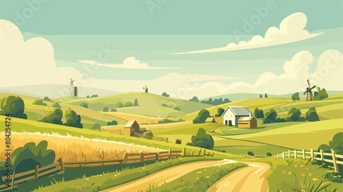 Cute rural landscape panorama with farm cartoon fla