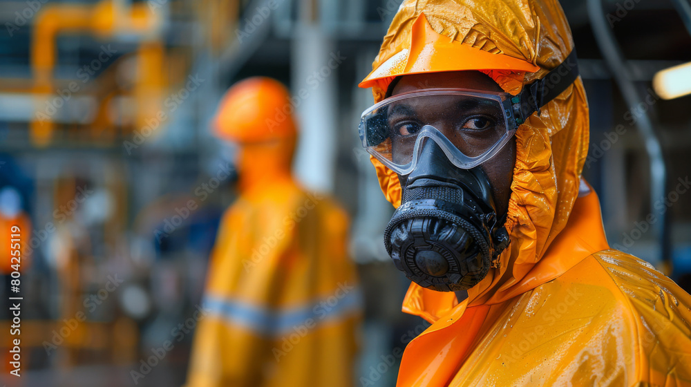 Close-up of an industrial worker in a yellow protective suit with goggles and a mask, ensuring safety in hazardous environments. Close-up of an industrial worker in a yellow protective suit with goggles and a mask, ensuring safety in hazardous environments.