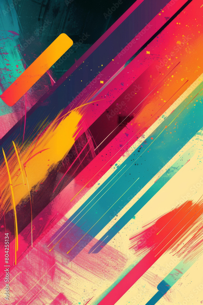 Obraz premium Vibrant abstract background with a holographic glassmorphism effect, featuring a dynamic composition of colorful streaks, speckles, and geometric shapes on a textured backdrop