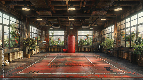 This room with a prominent red punching bag. Large Room With Red Punching Bag photo