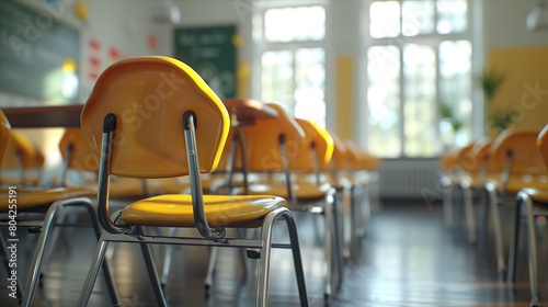 yellow chairs and desks, cheerful learning space