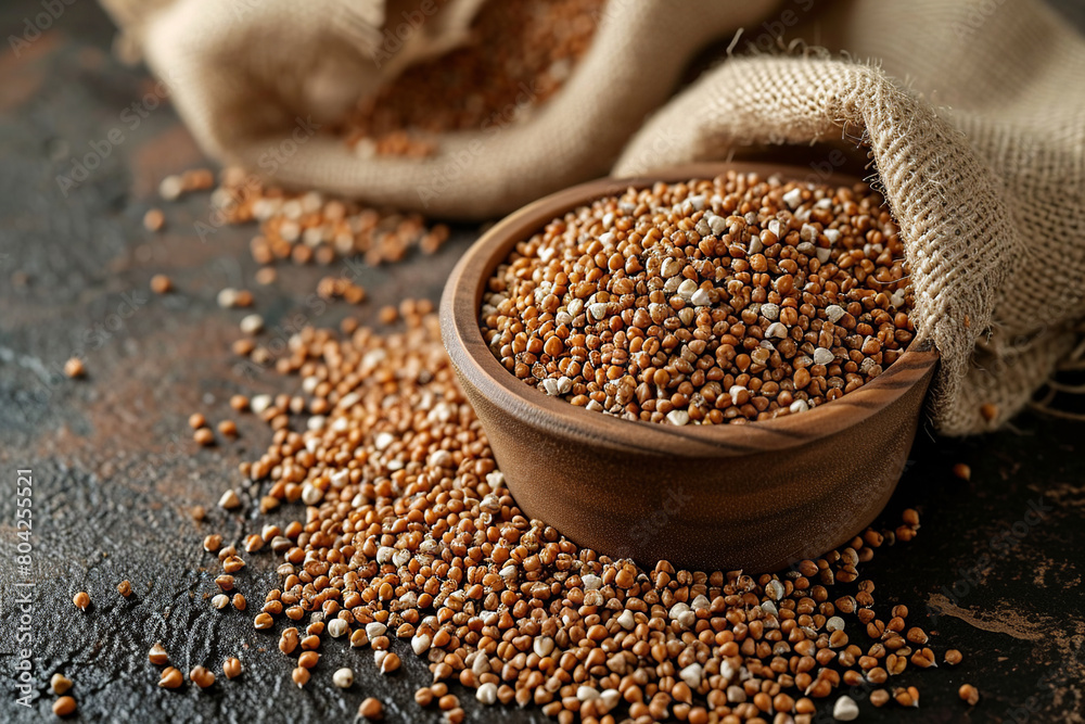 Raw buckwheat grains in wooden bowl. Cereal spills out of bag Raw buckwheat grains in wooden bowl. Cereal spills out of bag