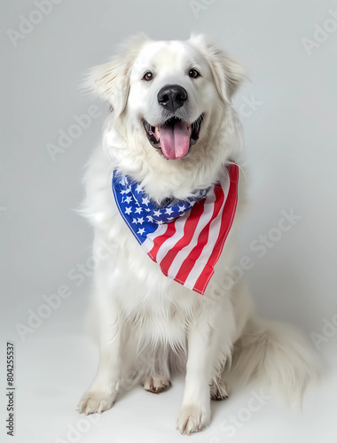 A white great pyrenees dog with an american flag bandana sitting and smiling, isolated on white background. Memorial day 4 july, Labor day party event