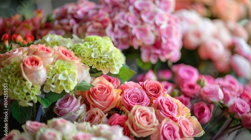 A bouquet of flowers with pink and green flowers