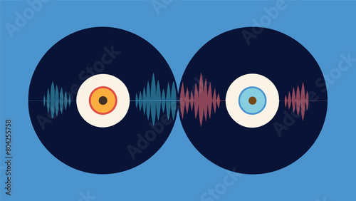 Two vinyl records side by side each adorned with unique sound wave patterns that beautifully depict the harmonious blend of vocals and instruments in Vector illustration