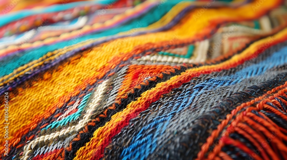 Intricate Patterns and Colors: A Close-Up View of a Traditional Woven Textile Intricate Patterns and Colors: A Close-Up View of a Traditional Woven Textile