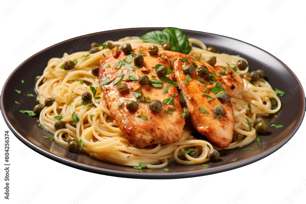 A Taste of Tuscany: Delectable Pasta With Chicken and Capers. On a White or Clear Surface PNG Transparent Background. A Taste of Tuscany: Delectable Pasta With Chicken and Capers. On a White or Clear Surface PNG Transparent Background.