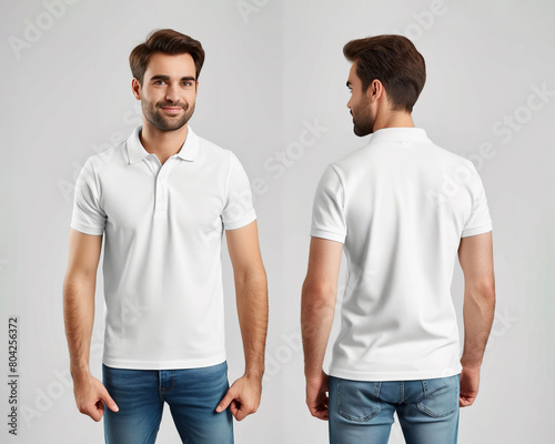 Front and back views of a man wearing a white polo shirt mockup template