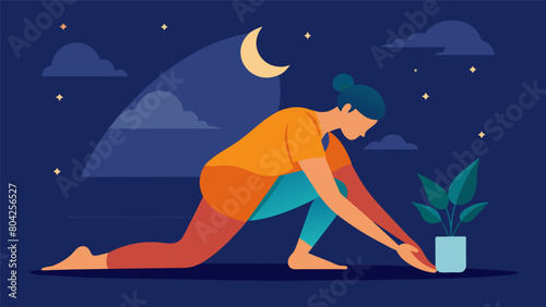 Winding down in the evening with a series of slow mindful stretches to help prepare the body for rest and repair.. Vector illustration