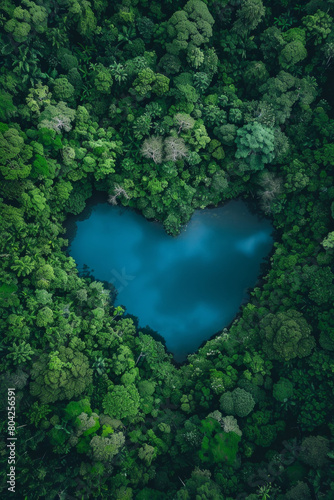 Aerial view of a blue lake in a love-shaped in rainforest