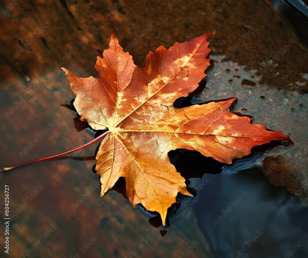 Autumn Maple Leaf on Wet Surface Close-Up with Moody Lighting Autumn Maple Leaf on Wet Surface Close-Up with Moody Lighting